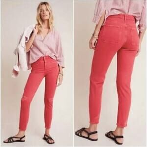 ANTHROPOLOGIE Pilcro Ultra High-Rise Slim Straight Red Distressed Jeans // 26